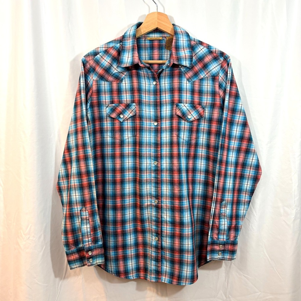 Women's Wrangler‎ Pearl Snap Western Shirt, Blue & Pink Plaid, Size L
